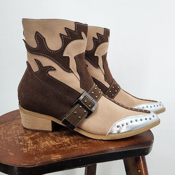 Boho Western Cowboy Boots Women's Pointed Toe Buckle Detail 8 40 Brown - Picture 2 of 10